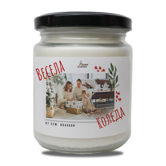 a candle with a picture of a family on it Zinora.bg