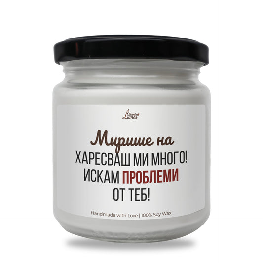 Мирише на харесваш ми много. Искам проблеми от теб Ароматна соева свещ Zinora.bg