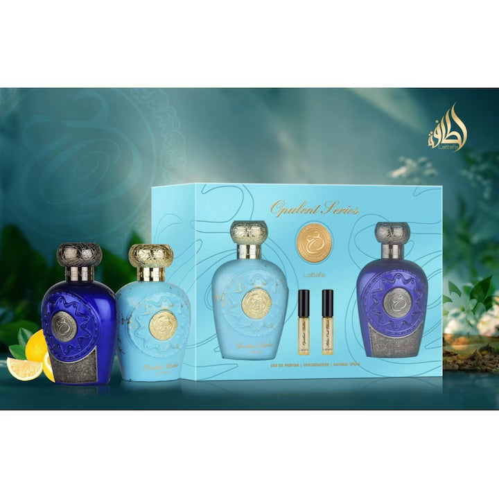 Подаръчен комплект парфюми GIFTSET LATTAFA OPULENT DUBAI & BLUE OUD ELIXIR, 2 бр. x 100 мл. + Мостри - зинора бг