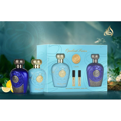Подаръчен комплект парфюми GIFTSET LATTAFA OPULENT DUBAI & BLUE OUD ELIXIR, 2 бр. x 100 мл. + Мостри - зинора бг