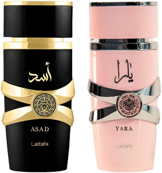  Комплект Парфюми Lattafa - Дамски Yara и Мъжки Asad, 100 мл, EDP - 2 Броя - Zinora.bg Zinora.bg