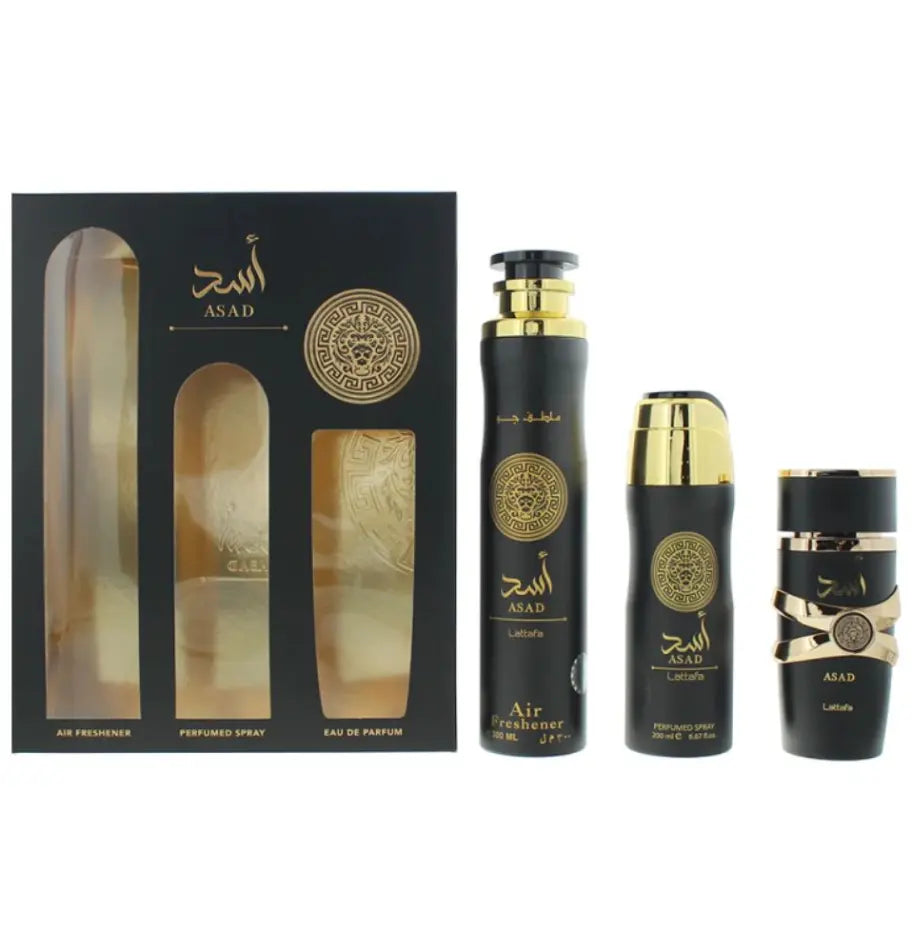 Подаръчен комплект Lattafa Asad - парфюм 100 мл, дезодорант 200 мл, ароматизатор 300 мл.