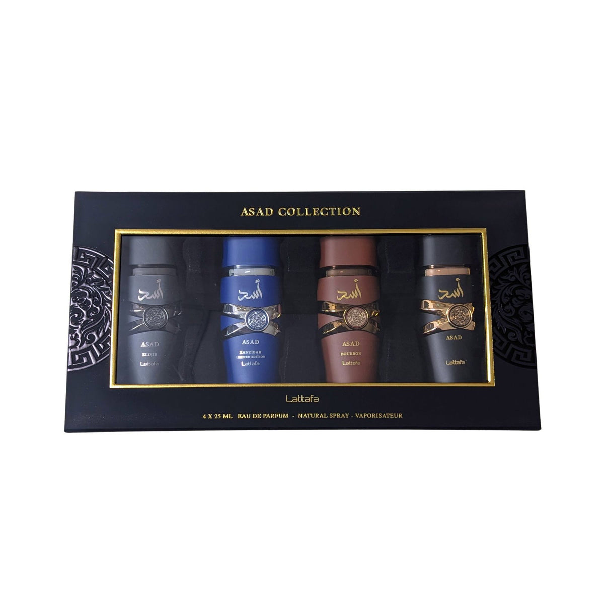 Set Lattafa: Asad, Eau De Parfum, For Men, 25 ml + Asad Elixir, Eau De Parfum, For Men, 25 ml + Asad Zanzibar, Eau De Parfum, For Men, 25 ml + Asad Bourbon, Eau De Parfum, For Men, 25 ml