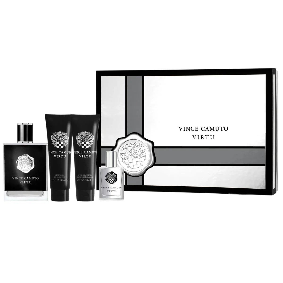 Set Vince Camuto: Virtu, Eau De Toilette, For Men, 100 ml + Virtu, Eau De Toilette, For Men, 15 ml + Virtu, Moisturizing, After-Shave Balm, 90 ml + Virtu, Shower Gel, Body, 90 ml