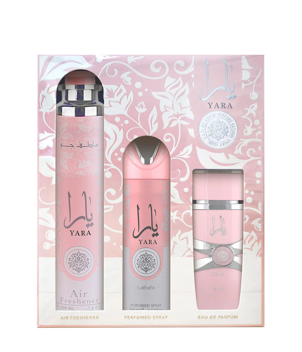 Подаръчен комплект Lattafa Yara Pink (Розова Яра) - парфюм 100 мл, дезодорант 200 мл, ароматизатор 300 мл. Вдъхновен от Dior - Poison girl!